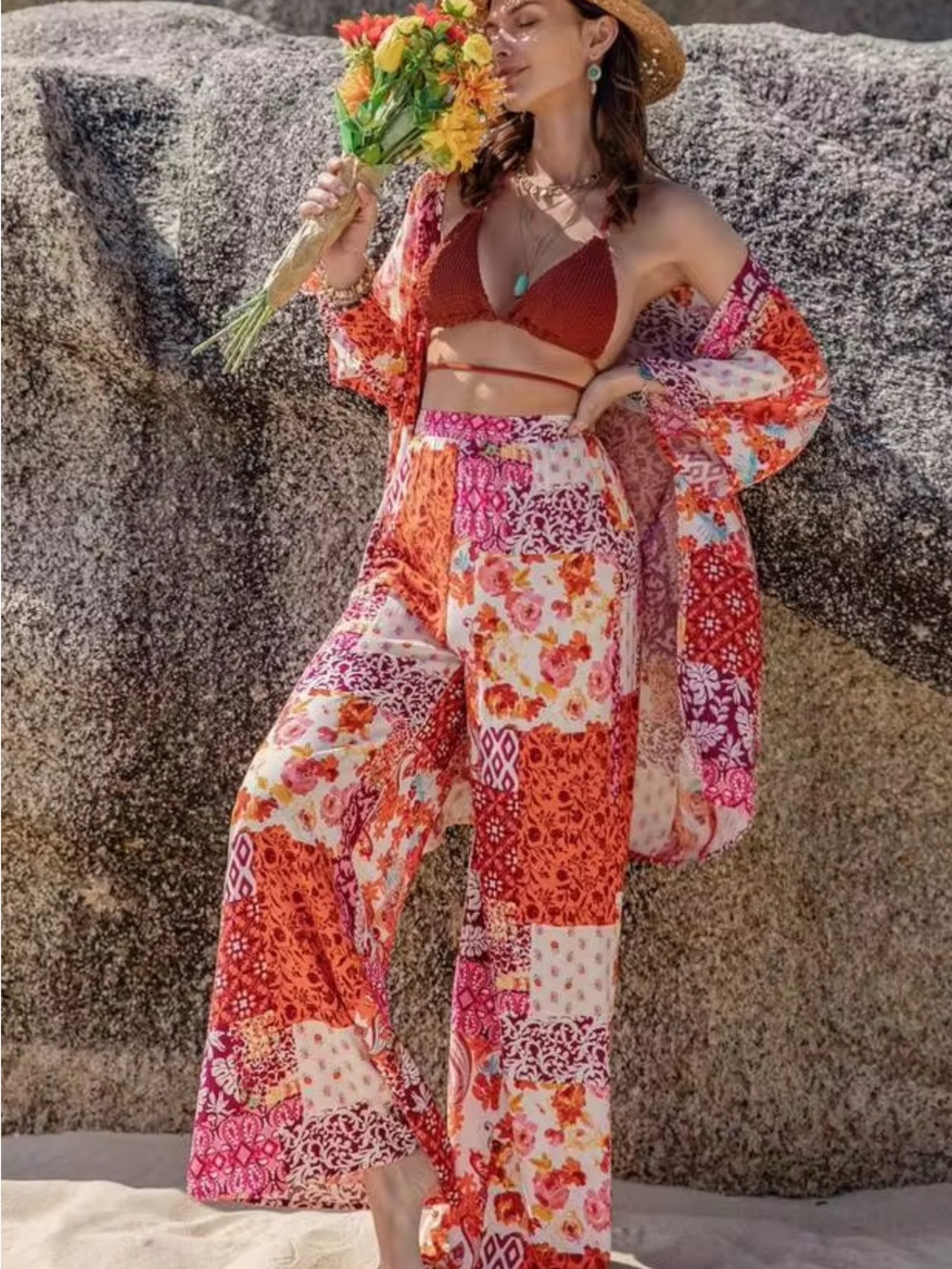 SHEIN Rustydustty women vacation style patchwork print kimono & wide-leg pants